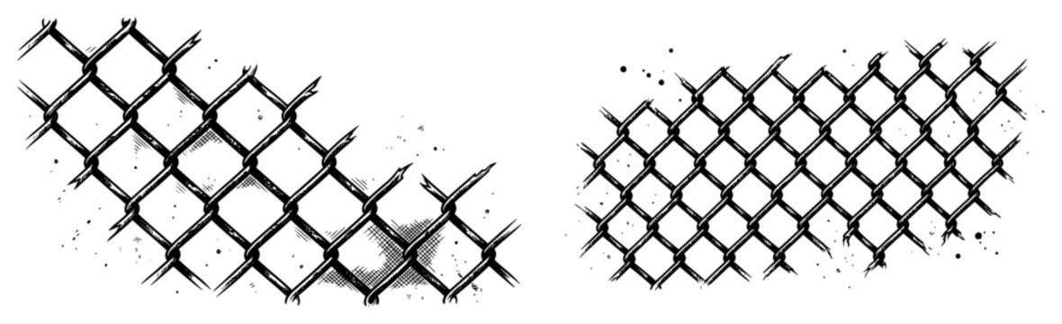 Chain link fence with broken segments and grunge texture in vintage engraving style