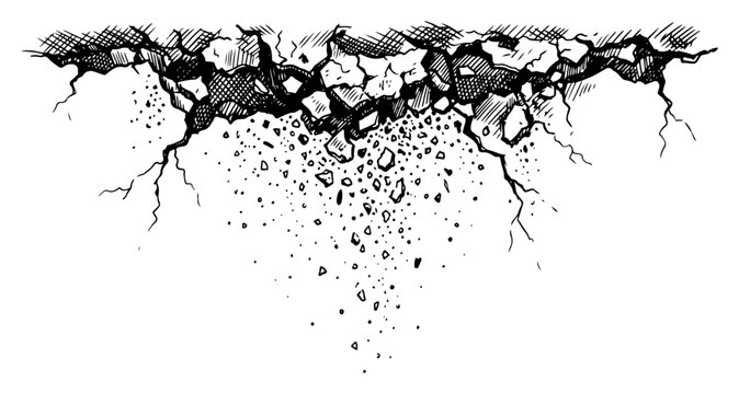 Cracked ground surface with falling debris and crumbling stones in detailed engraving style