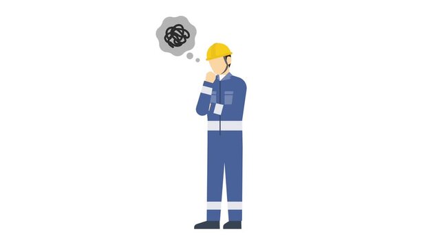 フラットイラストアニメーション：困っているヘルメットを被った作業員