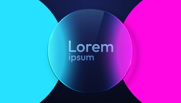 Abstract glassmorphism background with vibrant neon color circles. A modern design featuring a translucent central element. Vector illustration