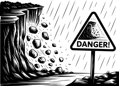 Black and white of falling rocks from a cliff with a danger sign warning of rockslide