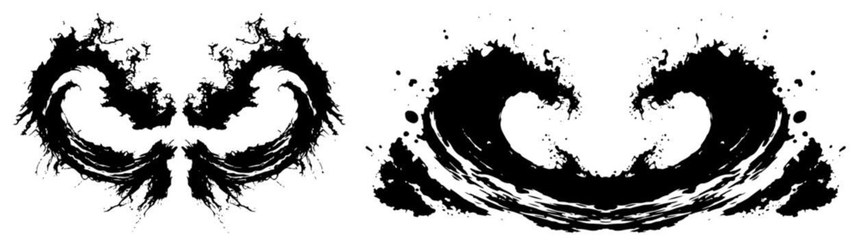 Symmetrical water splashes and ink blots in messy graphic style