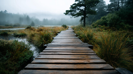 Fototapeta premium Serene wooden boardwalk pathway stretching through misty foggy wetlands in soft natural light. Defocused fog background. Boardwalk landscape, foggy wetland, wooden path, serene