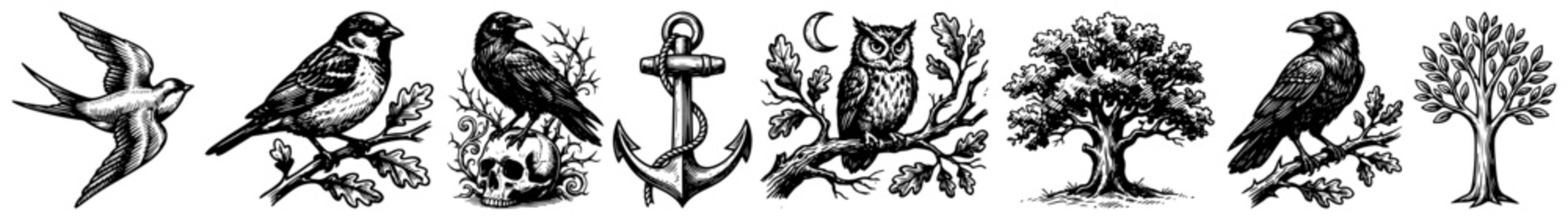 Nature and wildlife symbols including birds owl and trees in vintage engraving style