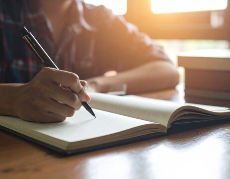 Close Up of Hands Writing in Notebook with Pen on Wooden Desk Business and Education Concept