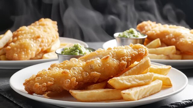 Steaming Hot Fish and Chips Served With Mushy Peas on White Plates, Close Up