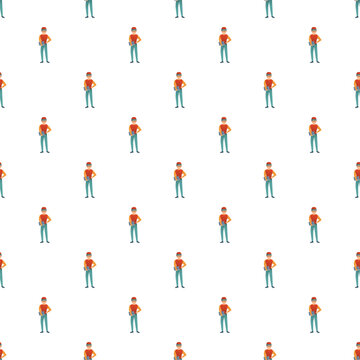 Repairman character standing with arms akimbo in a repeating background design