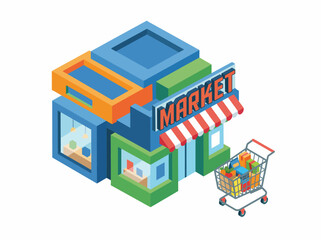 Fototapeta premium This vibrant illustration showcases a lively market storefront with a shopping cart, capturing the essence of community shopping experiences and colorful retail environments.