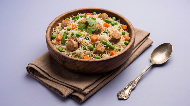 Bowl of vegetable soya chunks pulao or biryani served with a spoon on a napkin