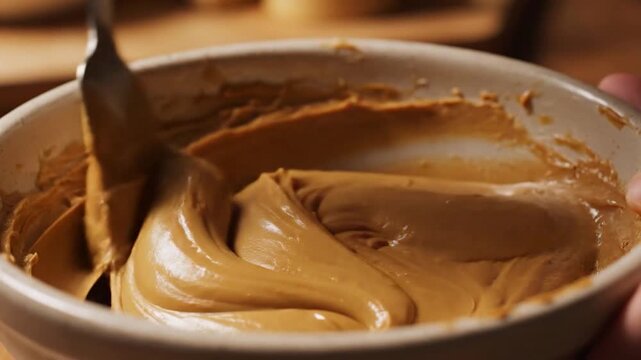 Creamy spread being stirred in a bowl with a utensil, creating smooth swirls and textures
