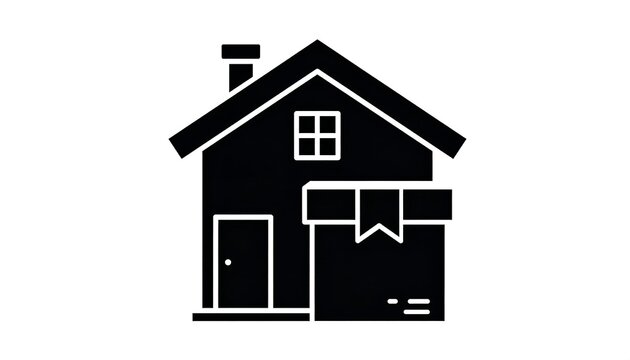 House with gable roof and a chimney, package in front. Simple black and white graphic