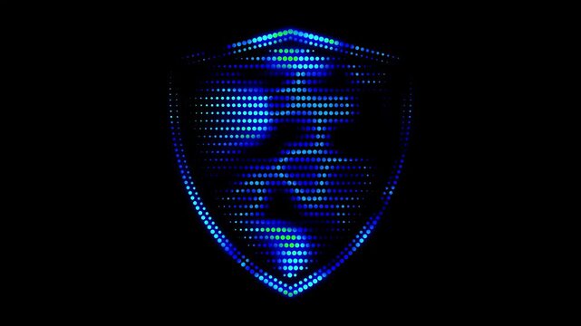 Cyber shield animation. Blue glowing digital shield made of light dots. Protection and Security.