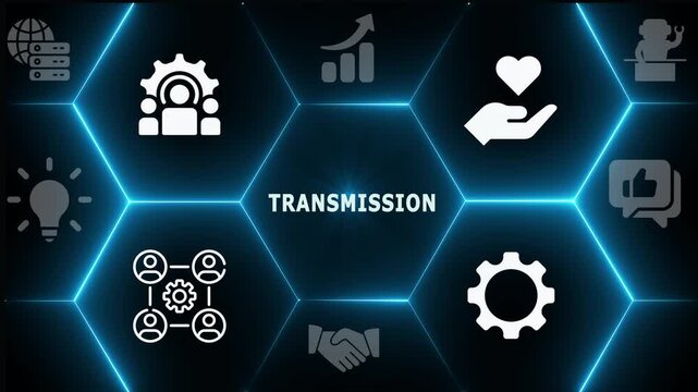 Digital data Transmission concept featuring high speed light pulses and electronic signal icons for telecommunications and fast internet tech