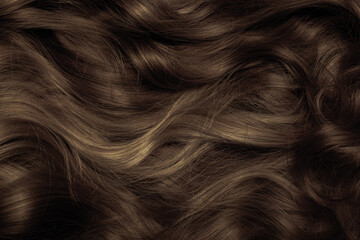 Brown hair close-up as a background. Women's long brown hair. Beautifully styled wavy shiny curls....