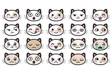 Obraz premium Cute cat face emoji vector collection set with various expressions happy and sad.
