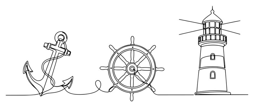 Nautical elements anchor steering wheel and lighthouse in continuous line art style