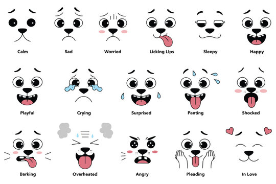 Set of cute cartoon dog faces showing various emotions like happy and sad.