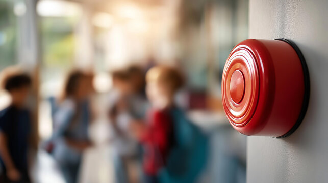 Red fire alarm mounted on a school hallway wall with students in a safety drill, emergency preparedness and education concept, defocused background, with copy space