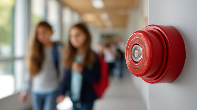 Red fire alarm mounted on a school hallway wall with students in a safety drill, emergency preparedness and education concept, defocused background, with copy space