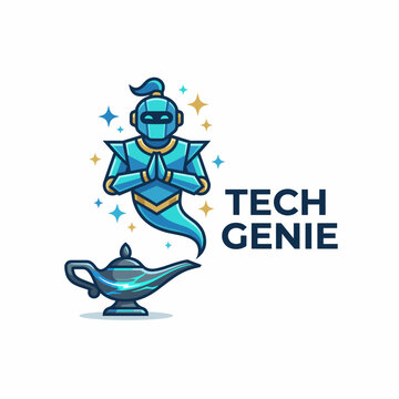 A captivating logo of a tech genie emerging from a lamp, representing magical technology solutions, ideal for tech startups or innovative companies seeking unique branding.