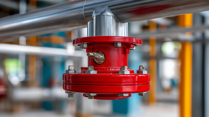 Close-up of a red fire sprinkler system on a ceiling with water pipes network in an industrial building, automated fire suppression concept, defocused background, with copy space