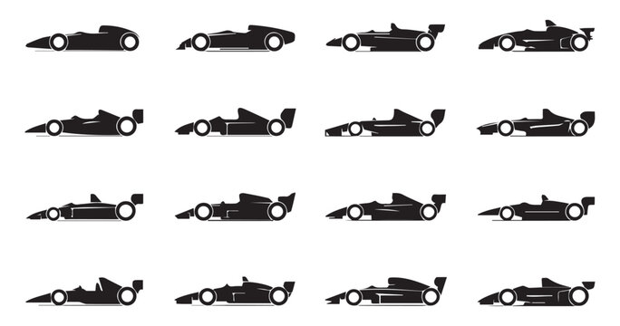 Formula one racing car silhouette collection showing historical and modern open wheel vehicle shapes.