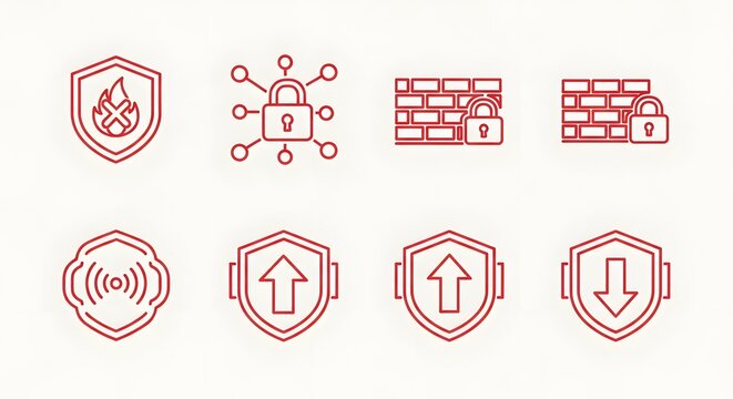 cybersecurity icon combo set with firewall, lock, and data protection symbols