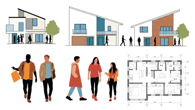 Vector CAD design style illustration of people walking near modern buildings with floor plans