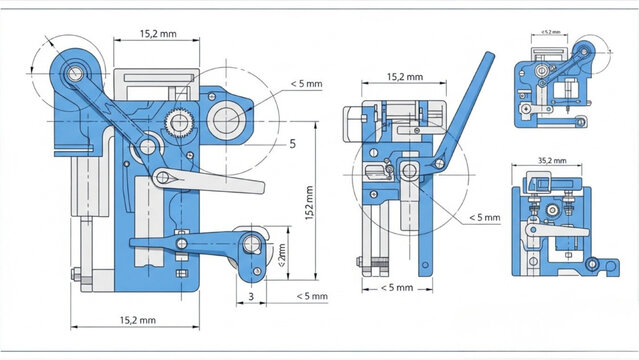 Detailed vector CAD design style blueprint of mechanical device