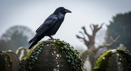 Naklejka premium A black raven perched on a weathered tombstone in a misty graveyard on transparent background