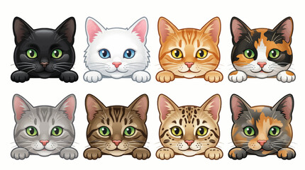 Naklejka premium Collection of eight cartoon cat heads peeking over a border with paws including black white ginger tabby calico and tortoiseshell breeds on white background.