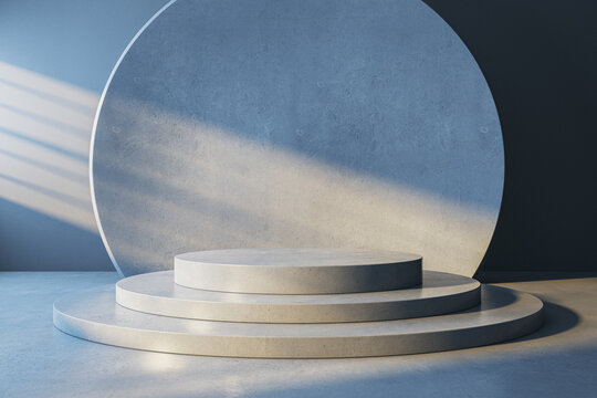 Minimalist concrete podium with circular backdrop in soft light forming an elegant modern stage for clean product presentation and branding mockup design. 3D Rendering