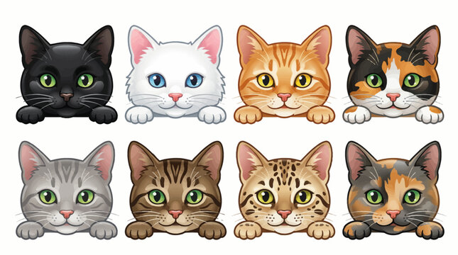 Collection of eight cartoon cat heads peeking over a border with paws including black white ginger tabby calico and tortoiseshell breeds on white background.