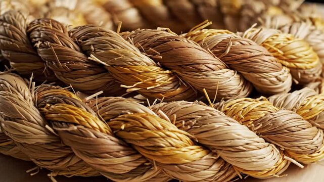 Close-up of a tightly braided natural rope, showcasing detailed craftsmanship and texture against a light wooden surface