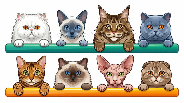 Cute cartoon cats of different breeds like Persian, Siamese, Maine Coon, and Sphynx peeking over colorful bars on a clean white background vector illustration.