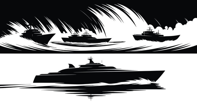 boat, ship, yacht, water, wave, black and white, silhouette, speed, motion, abstract, nautical, vessels, marine, speedboats, luxury yacht, black, whit Black and white of boats on water ship yacht wave