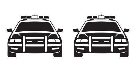 Police car black vector icon, american cop vehicle front view, law enforcement patrol graphic. © Md