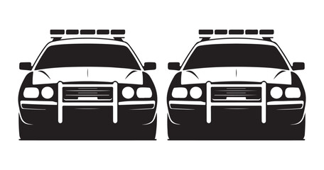 Police car black vector icon, american cop vehicle front view, law enforcement patrol graphic. © Md