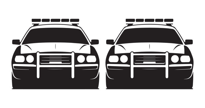 Police car black vector icon, american cop vehicle front view, law enforcement patrol graphic.