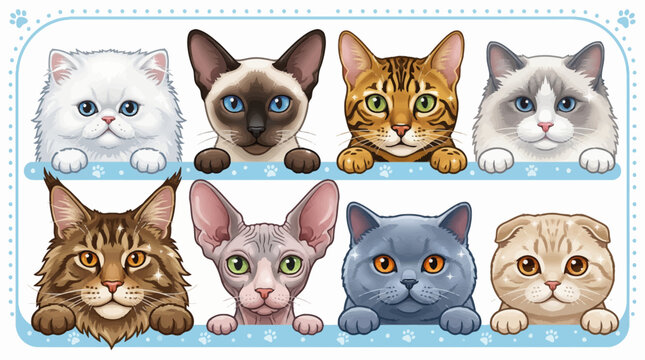 Vector illustration of various cat breeds peeking over a blue border with paw prints, including Persian, Siamese, Bengal, Ragdoll, Maine Coon, and Sphynx cats.