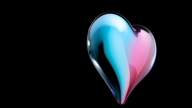 Glossy 3D glass heart with pink and blue gradient on black background