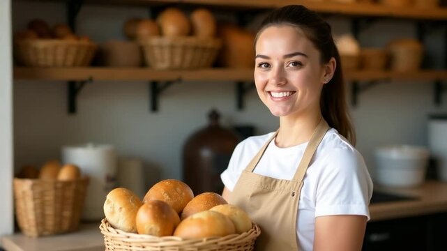 Smiling female baker holding basket of fresh bread in bakery. In background are shelves filled with different types of bread