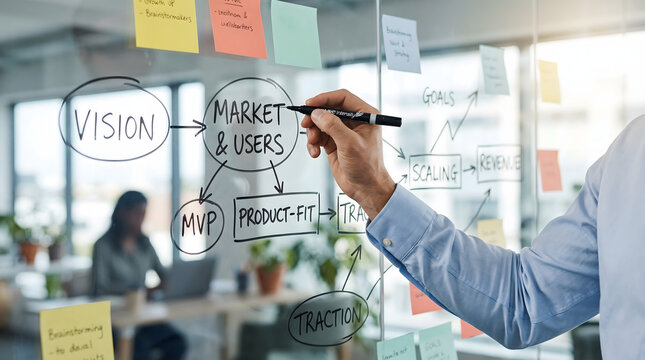 entrepreneur drawing business strategy on glass board in office with vision market users mvp product fit scaling and revenue flowcharts for startup growth and planning