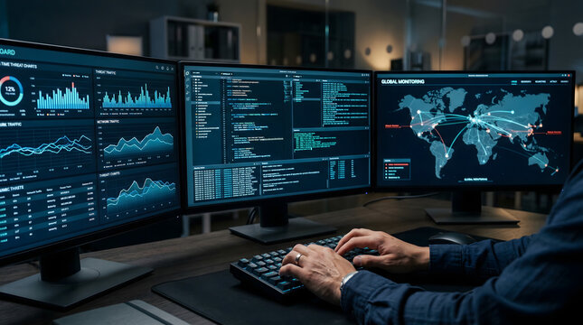 professional security analyst working at triple monitor workstation with global monitoring map network traffic data charts and computer code for cyber security operation center