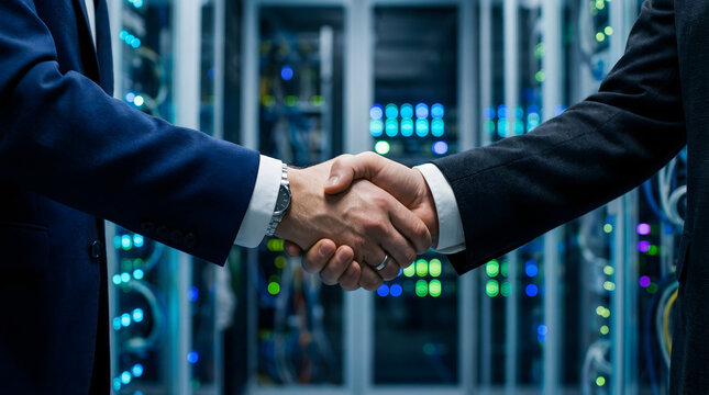 business handshake in data center server room for corporate partnership technology agreement IT professional collaboration and secure network infrastructure system deal