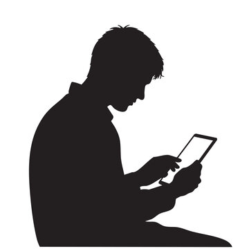 Silhouette of a man using a tablet computer isolated on white background representing technology and modern communication concepts