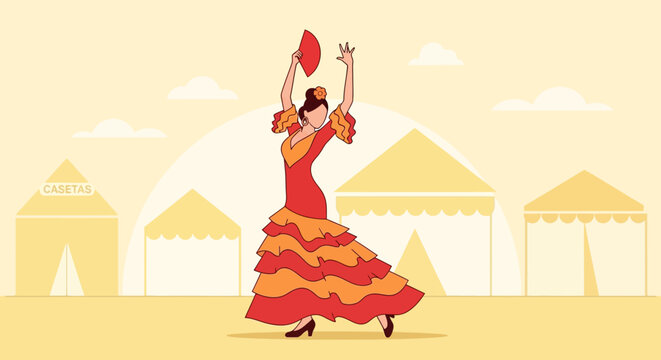 A vibrant flat design illustration of a flamenco dancer in a traditional dress, capturing the dynamic spirit of the Feria de Abril. 