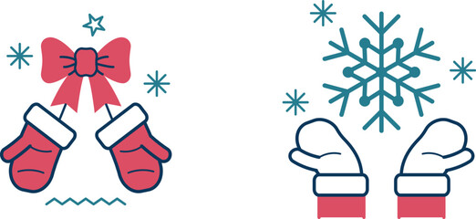 Obraz premium Holiday themed illustrations featuring gift bow and snowflake with mittens