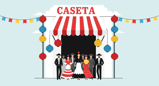 A cheerful flat design illustration showcasing the vibrant entrance of a traditional caseta, a social hub at the Feria de Abril, with people enjoying the festivities. 