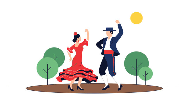 An energetic flat design illustration capturing a couple gracefully dancing sevillanas, the traditional folk dance of the Feria de Abril. 